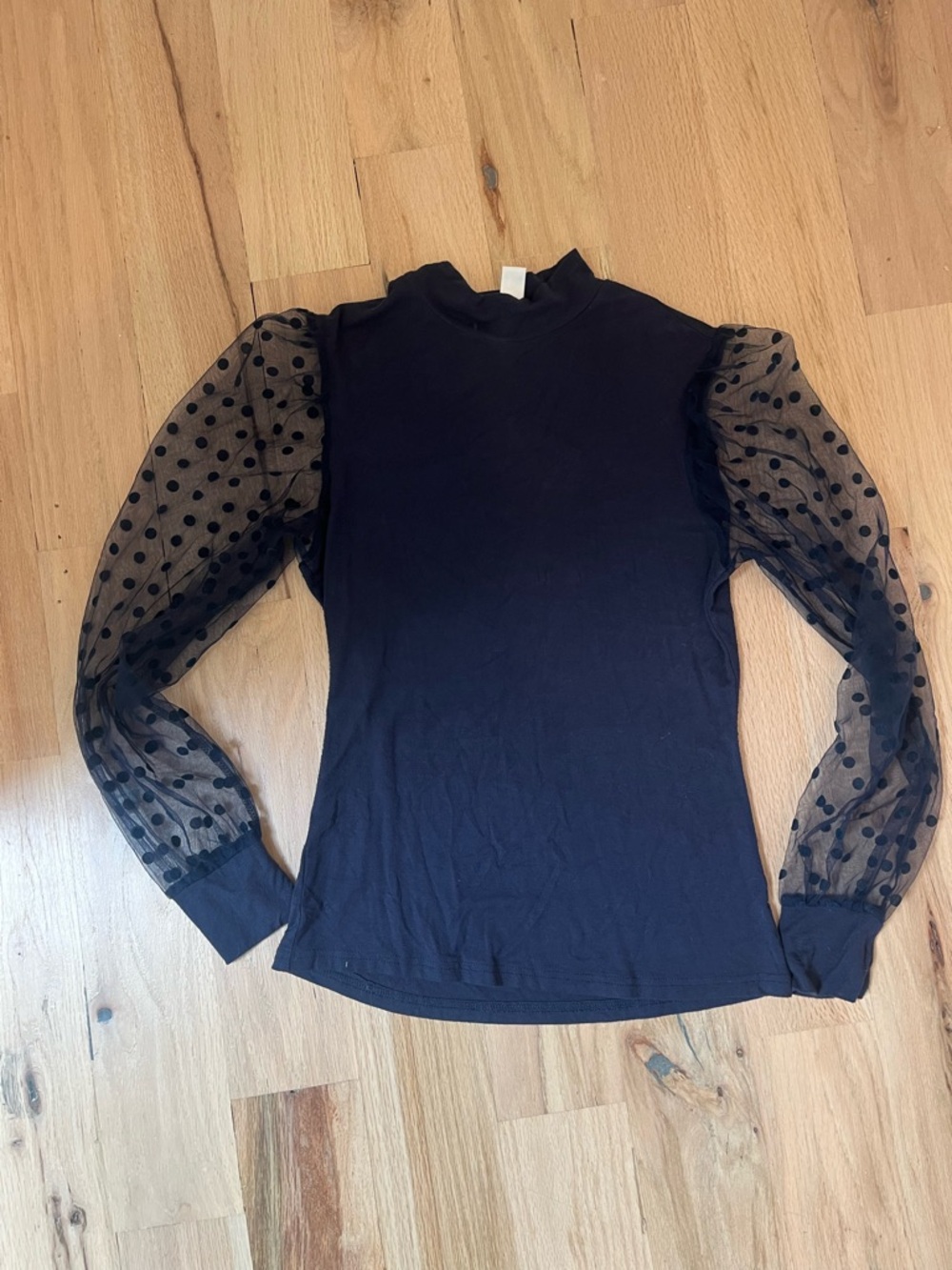 Black Polka Dot Mesh Sleeve Mock Neck Top